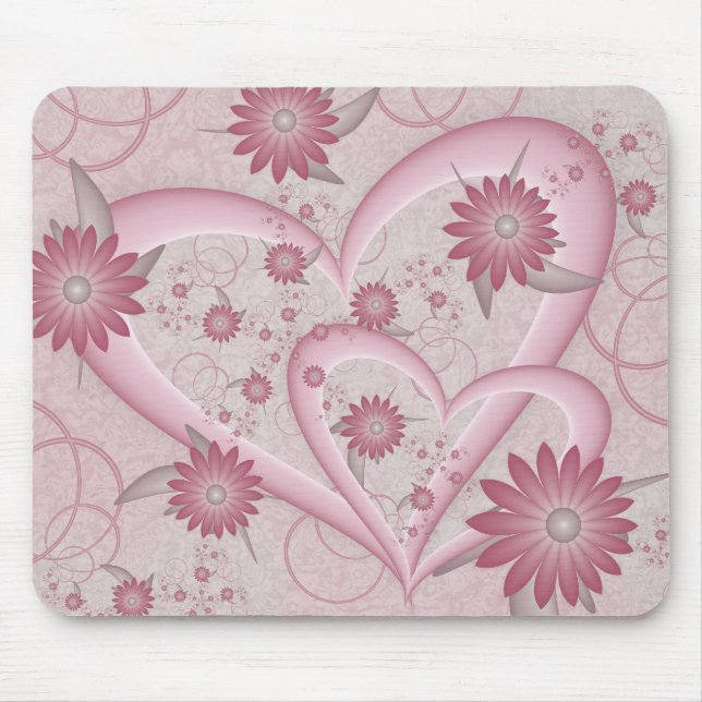 Rosa Abstrakt Hearts & Flowers Kärlek Fractal Art Musmatta (Framsidan)