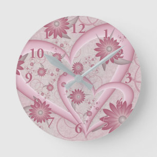 Rosa Abstrakt Hearts & Flowers Kärlek Fractal Art Rund Klocka