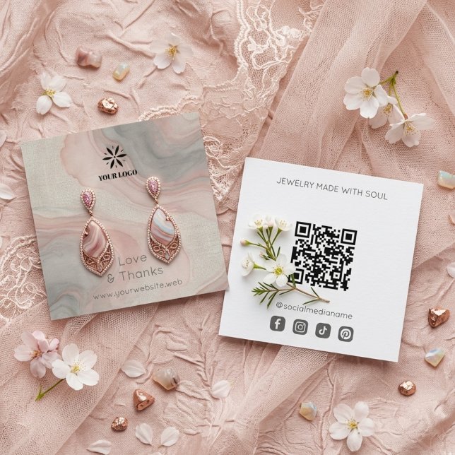 Rosa abstrakt mönster smycken display logotyp TMF2 Fyrkantigt Visitkort (Chic Pink and Grey Abstract Pattern Jewelry Display Card, featuring a Faux Fluid Marble.)