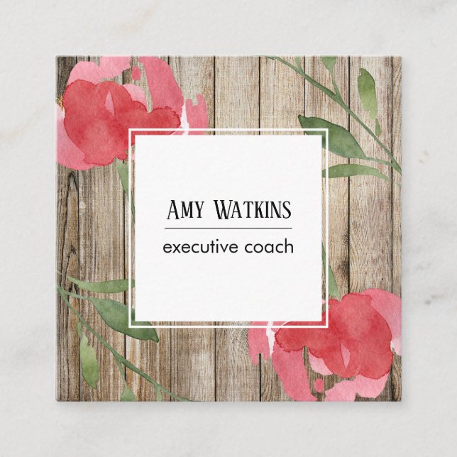 Rosa Abstrakt Ro Buds, Rustic Wood, Social Icons Fyrkantigt Visitkort (Framsida)