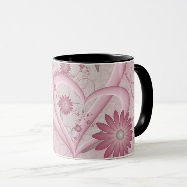 Rosa abstrakta hjärtan & blommor kärlek fraktal ko mugg (Framsida höger)