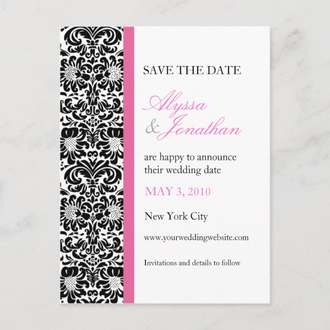 Rosa accent Damask Save the Date-kort Meddelande Vykort (Framsida)