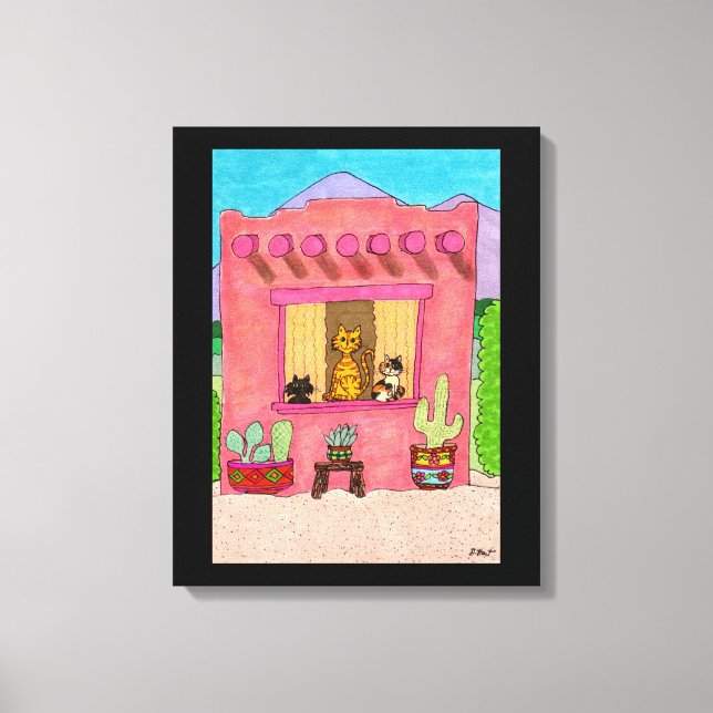 Rosa Adobe House Cute Cats Taos Desert Southwest Canvastryck (Framsida)