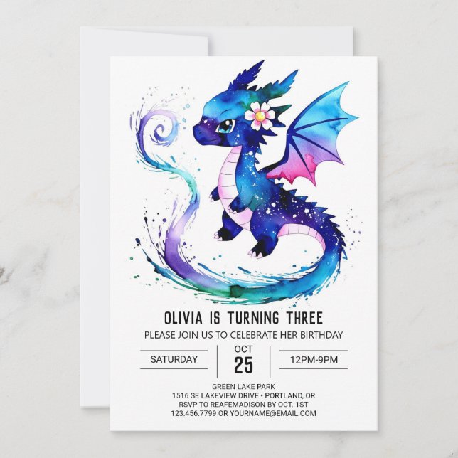 Rosa Adsible Dragon Digital Girl Birthday Inbjudningar (Framsida)