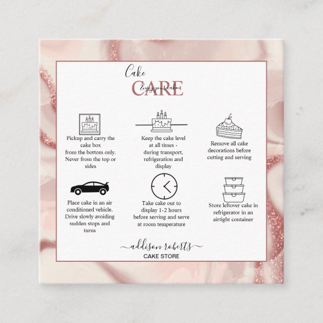 Rosa Aesthetic Cake Care Square Affärskort Fyrkantigt Visitkort (Framsida)