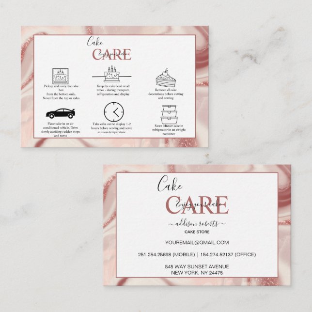 Rosa Aesthetic Cake Care Square Affärskort Visitkort (Fram/baksida)