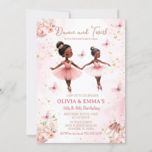 Rosa African American Ballerina Joint Birthday Inbjudningar