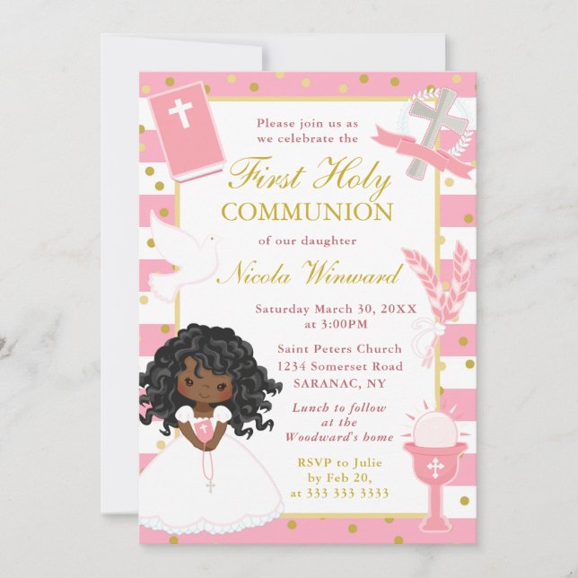 Rosa African American Girl First Heliga Communion Inbjudningar (Framsida)