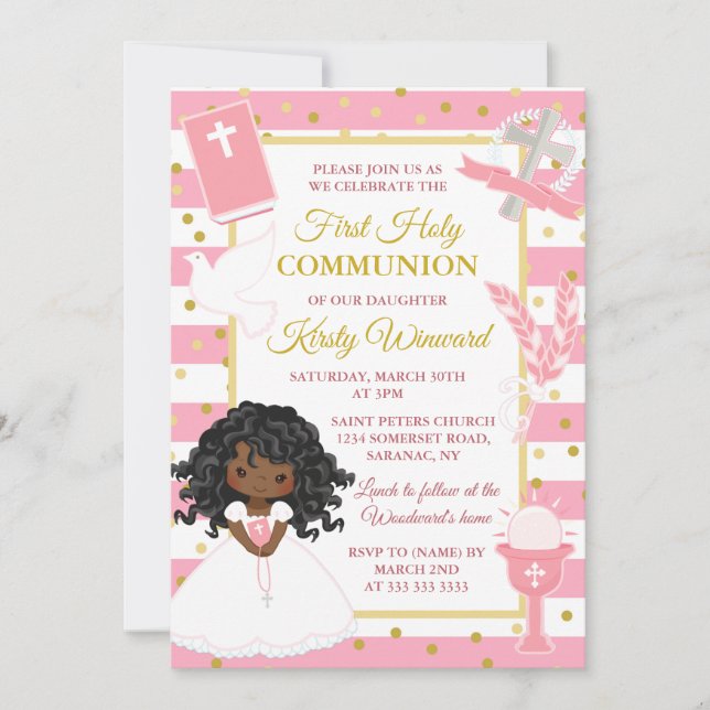 Rosa African American Girl First Heliga Communion Inbjudningar (Framsida)