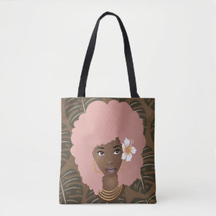 Rosa Afro, blommor i Hair, Tropiska Löv Mönster Tygkasse