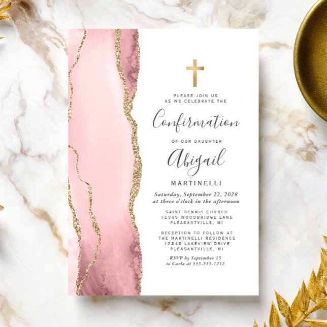  Rosa Agat Guld Glitter Flickor Konfirmation Inbjudningar (Skapare uppladdad)