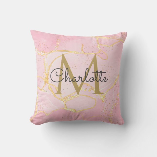 Rosa Agate Geod Guld Monogram Elegant Skrift  Kudde (Framsida)