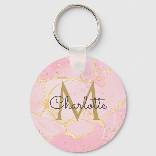 Rosa Agate Geod Guld Monogram Elegant Skrift  Nyckelring (Framsida)