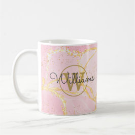 Rosa Agate Geod Guld Monogram Skript Namn Kaffemugg