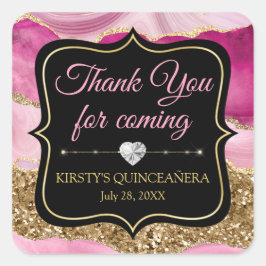 Rosa Agate Geode Slices & Guld Glitter Quinceañera Fyrkantigt Klistermärke
