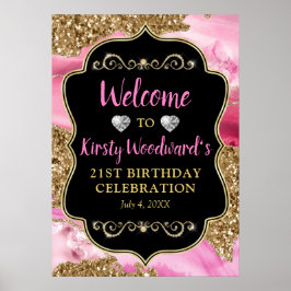 Rosa Agate Geode Slices och Guld Glitter Birthday Poster