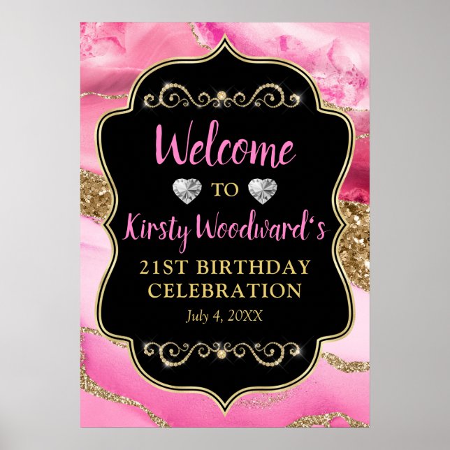 Rosa Agate Geode Slices och Guld Glitter Birthday Poster (Framsidan)