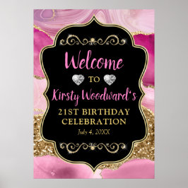 Rosa Agate Geode Slices och Guld Glitter Birthday Poster