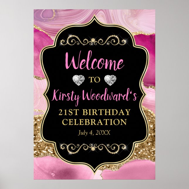 Rosa Agate Geode Slices och Guld Glitter Birthday Poster (Framsidan)