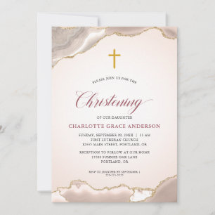 Rosa Agate Guld Glitter-skript Flicka-baptism Inbjudningar
