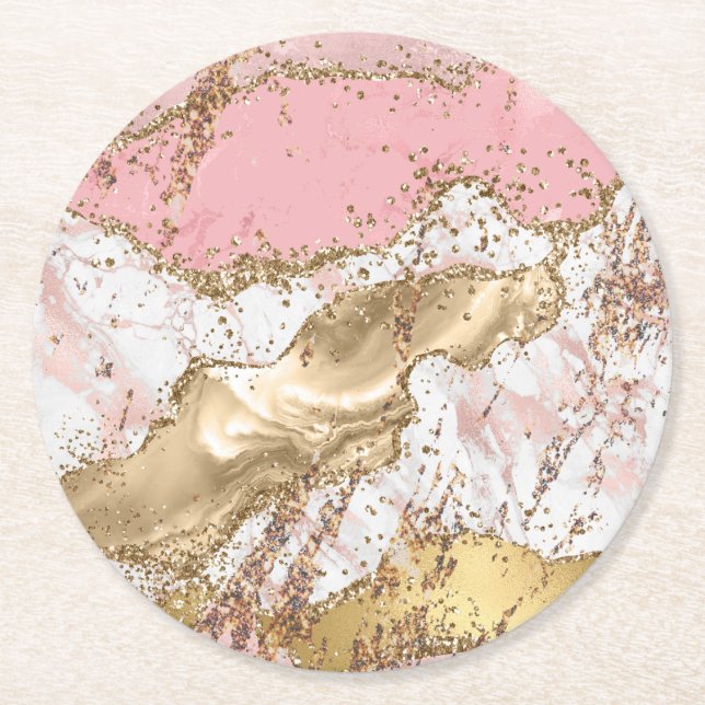 Rosa agate marble ro guld glitter underlägg papper rund (Framsidan)