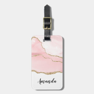 Rosa Agate med Guld Ribbon Elegant Bagagebricka
