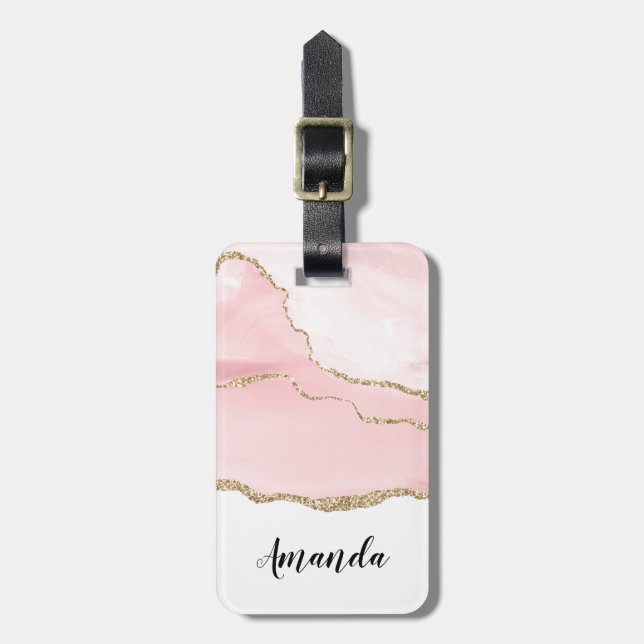 Rosa  Agate med Guld Ribbon Elegant Bagagebricka (Vertikal Framsida)