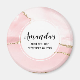 Rosa Agate med Guld Ribbon Elegant Birthday Magnet