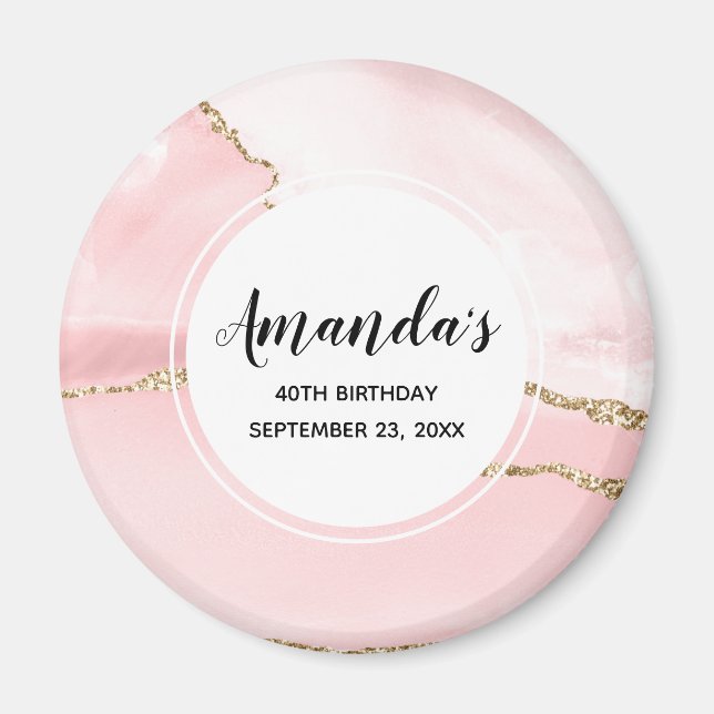 Rosa  Agate med Guld Ribbon Elegant Birthday Magnet (Framsidan)