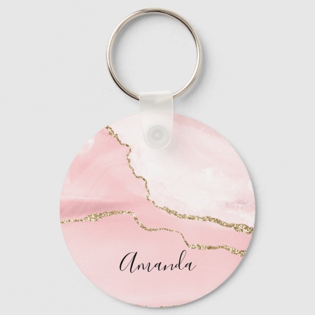 Rosa  Agate med Guld Ribbon Elegant Nyckelring (Framsida)