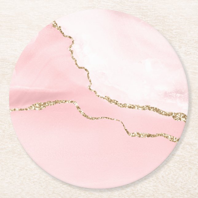Rosa  Agate med Guld Ribbon Elegant Underlägg Papper Rund (Framsidan)
