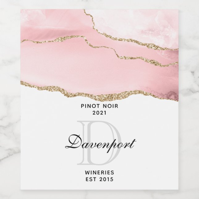 Rosa  Agate med Guld Ribbon Elegant Vinflaska Etikett (Singel etikett)