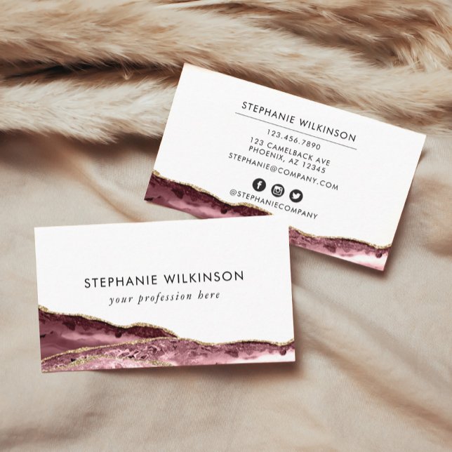  Rosa Agate & Ro Guld Gräns Watercolor Visitkort (Blush Pink Agate & Rose Gold Border Watercolor Business Card)