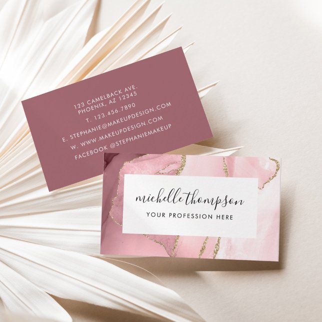  Rosa Agate & Ro Guld Gräns Watercolor Visitkort (Blush Pink Agate & Rose Gold Border Watercolor Business Card)