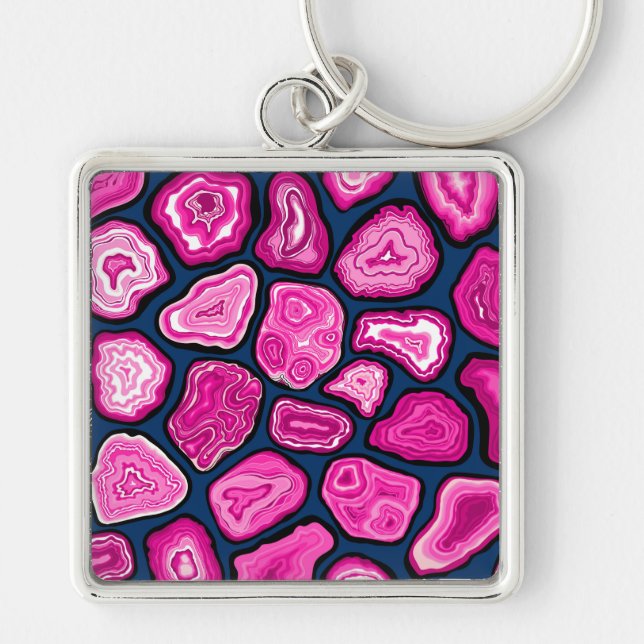 Rosa agate-segment fyrkantig silverfärgad nyckelring (Framsidan)