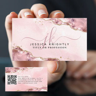Rosa Agate-skript Monogram Guld Glitter QR QR Visitkort
