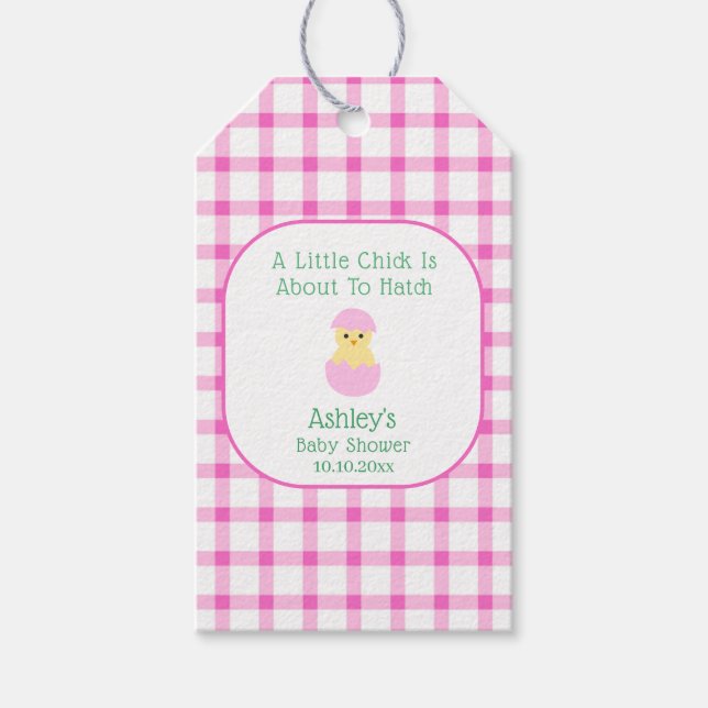 Rosa ägg litet kycklingkläckande flicka baby showe presentetikett (Framsidan)
