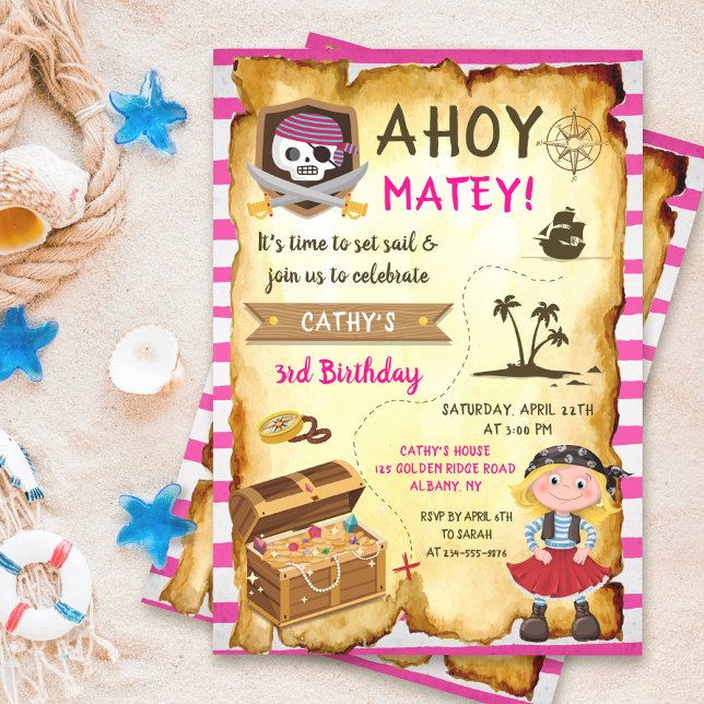 Rosa Ahoy Treasure Karta Girls Pirat födelsedag Inbjudningar (Skapare uppladdad)