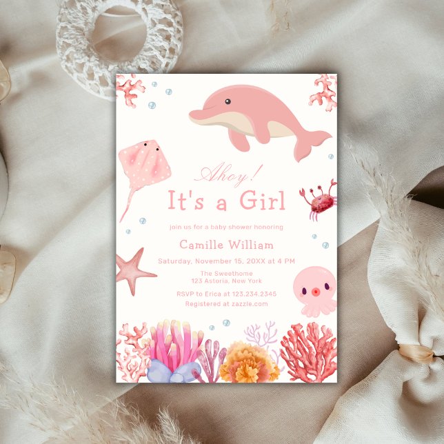 Rosa Ahoy under Sea Dolphin Girl Baby Shower Inbjudningar (Pink Ahoy Under The Sea Dolphin Girl Baby Shower Invitation)