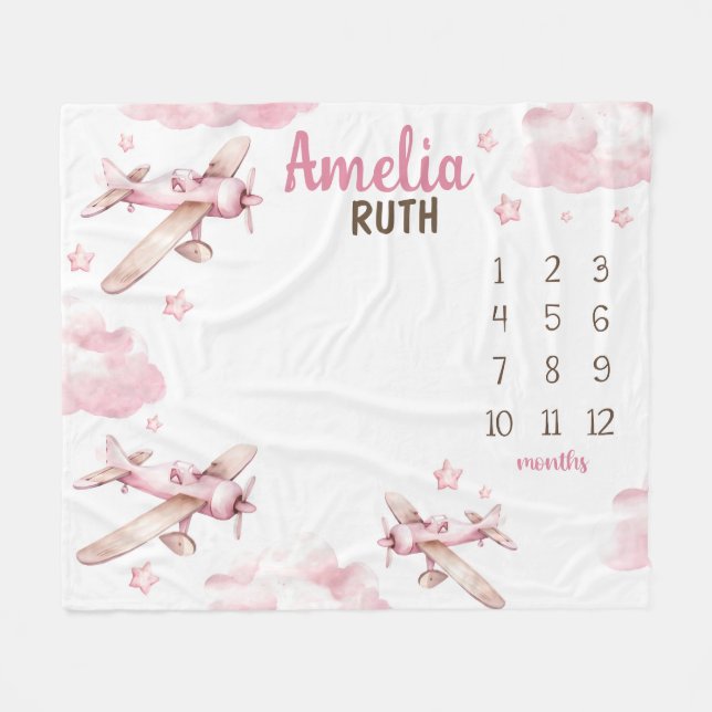 ROSA AIRPLANE MILESTONE Blanket, Personlig Baby Fleecefilt (Framsidan (Horisontell))