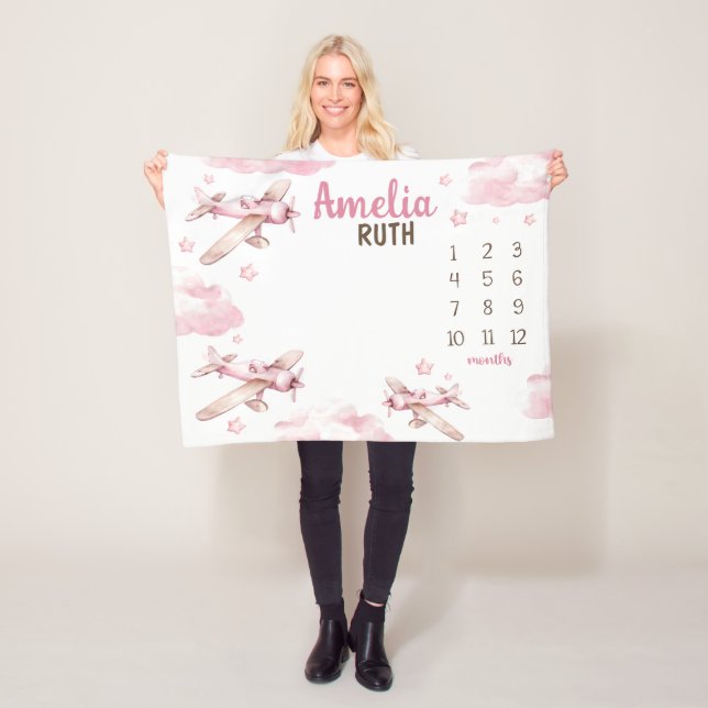 ROSA AIRPLANE MILESTONE Blanket, Personlig Baby Fleecefilt (På plats)