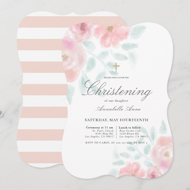 Rosa Airy Ro Blommigt  Girl Christening Inbjudningar (Fram/baksida)