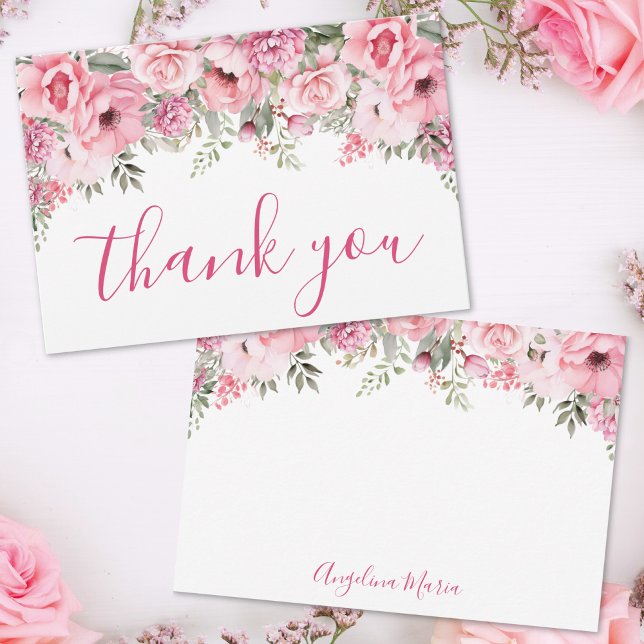 Rosa akvafärg blommor tack kort (Floral Blush Pink Quinceañera Thank You Card)