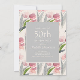 Rosa akvafärg blommor tulpaner 50-års födelsedag inbjudningar