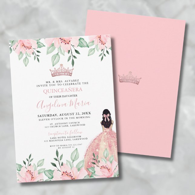 Rosa akvafärgrosor i röda nyanser Quinceañera Inbjudningar (Floral Pink Quinceanera Invitation)