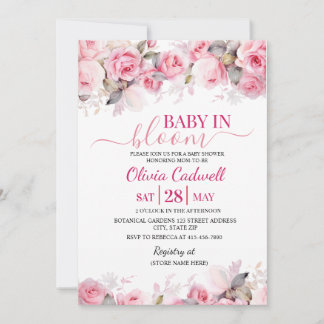 Rosa akvarell Baby In Bloom Baby Shower Inbjudan