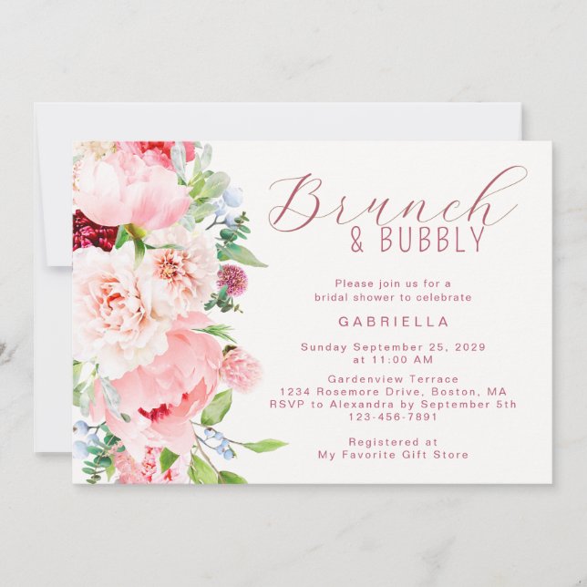 Rosa akvarell blommande bröllopsbrunch  inbjudningar (Framsida)