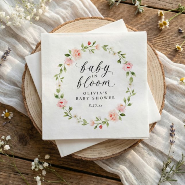 Rosa akvarell blommande trädgård Bebisens firande Pappersservett (Baby in bloom baby shower cocktail napkins with pink watercolor flowers)