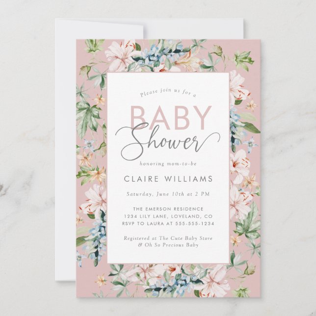 Rosa akvarell Blommig Baby Shower Inbjudningar (Framsida)