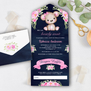 Rosa akvarell blommig teddybjörn marinblå babyfira